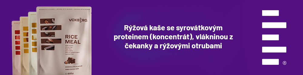 Rýžová kaše se syrovátkovým proteinem (koncentrát), vlákninou z čekanky a rýžovými otrubami.